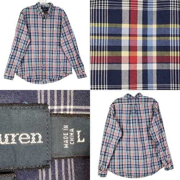 Polo Ralph Lauren Shirt Oxford Button Down LS Mens Size Large Red Blue Plaid - Picture 1 of 12